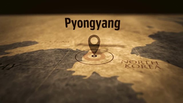 Pyongyang city on retro map in sepia color. Old atlas chart with mark by pushpin. Vintage maps 3D animation.