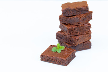 Close up homemade chocolate brownies with copy space