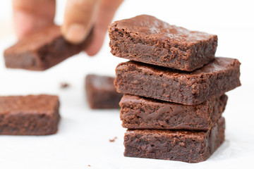 Close up homemade chocolate brownies with copy space