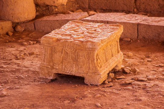 The ancient Magdala stone located in a 1st century synagogue dig