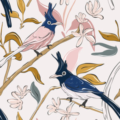 Botanical print with navy parrot and exotic leaves. Tropical birds pardise  pattern. Flowers and leaves foliage texture. Hawaiian background. Colorful summer art