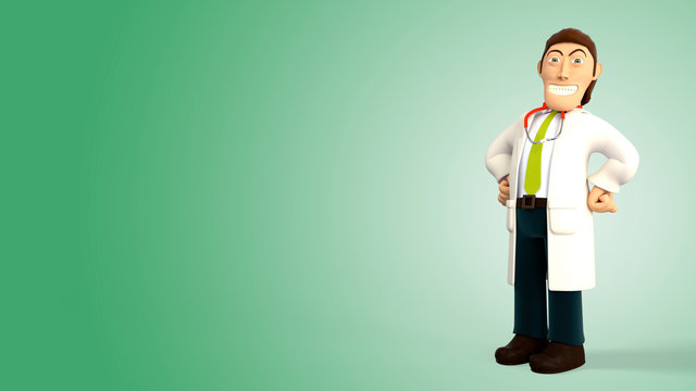 Cartoon 3d doctor with a stethoscope proud and smiling with hands on his hips on a green gradient background 3d rendering
