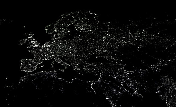 European City Lights Map At Night.  View From Outer Space. Mixed Med