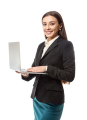 Stylish businesswoman with laptop on white background