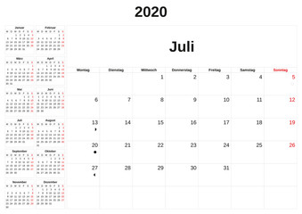 2020 a monthly calendar  with white background in German.