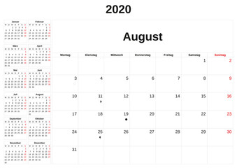 2020 a monthly calendar  with white background in German.