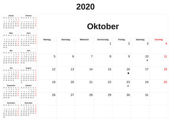 2020 a monthly calendar  with white background in German.