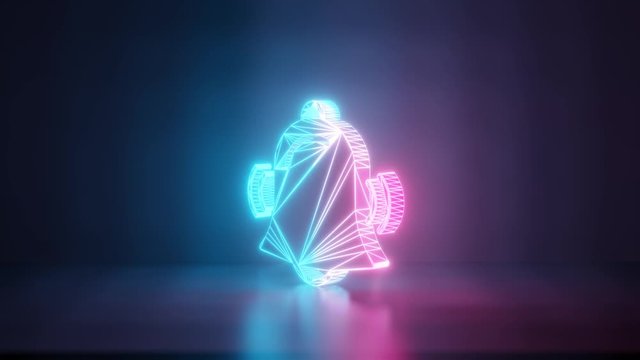 3d rendering glowing blue purple neon laser light with wireframe symbol of bell alarm with sound lines in empty space corner seamless fade animation