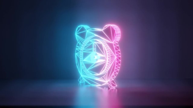 3d rendering glowing blue purple neon laser light with wireframe symbol of alarm clock with two bells and thick clock hands in empty space corner seamless fade animation