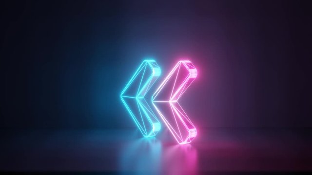 3d rendering glowing blue purple neon laser light with wireframe thick symbol of angle double arrow left with rounded corner in empty space corner seamless fade animation