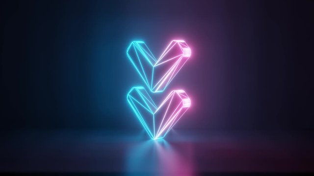 3d rendering glowing blue purple neon laser light with wireframe thick symbol of angle double arrow down with rounded corner in empty space corner seamless fade animation