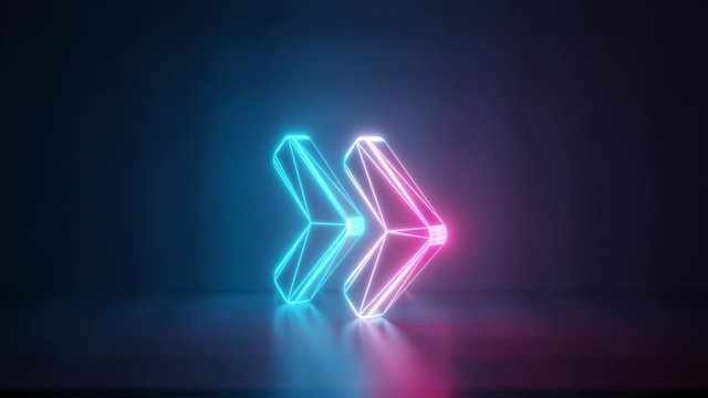 3d rendering glowing blue purple neon laser light with wireframe thick symbol of angle double arrow right with rounded corner in empty space corner seamless fade animation