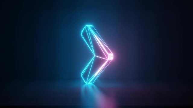 3d rendering glowing blue purple neon laser light with wireframe symbol of angle arrow right in empty space corner seamless fade animation