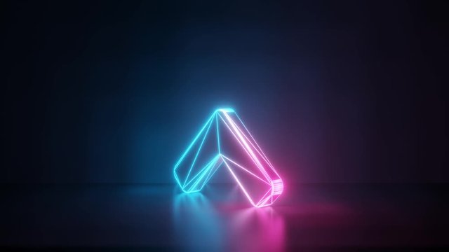 3d rendering glowing blue purple neon laser light with wireframe symbol of angle arrow up in empty space corner seamless fade animation