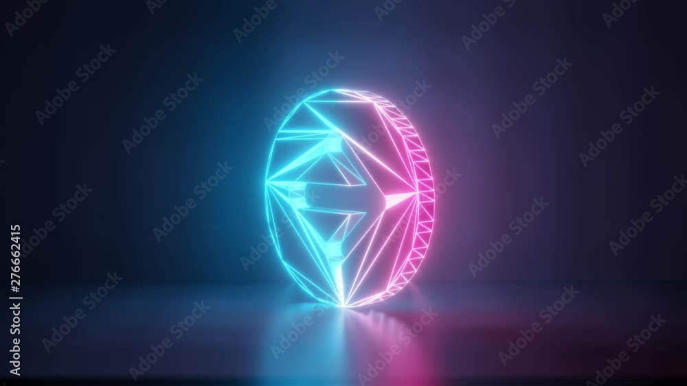 Poster 3d rendering glowing blue purple neon laser light with wireframe symbol of open right rounded arrow 