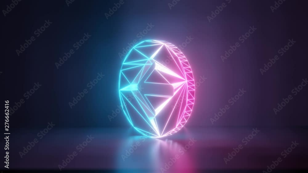 Poster 3d rendering glowing blue purple neon laser light with wireframe symbol of open left rounded arrow i