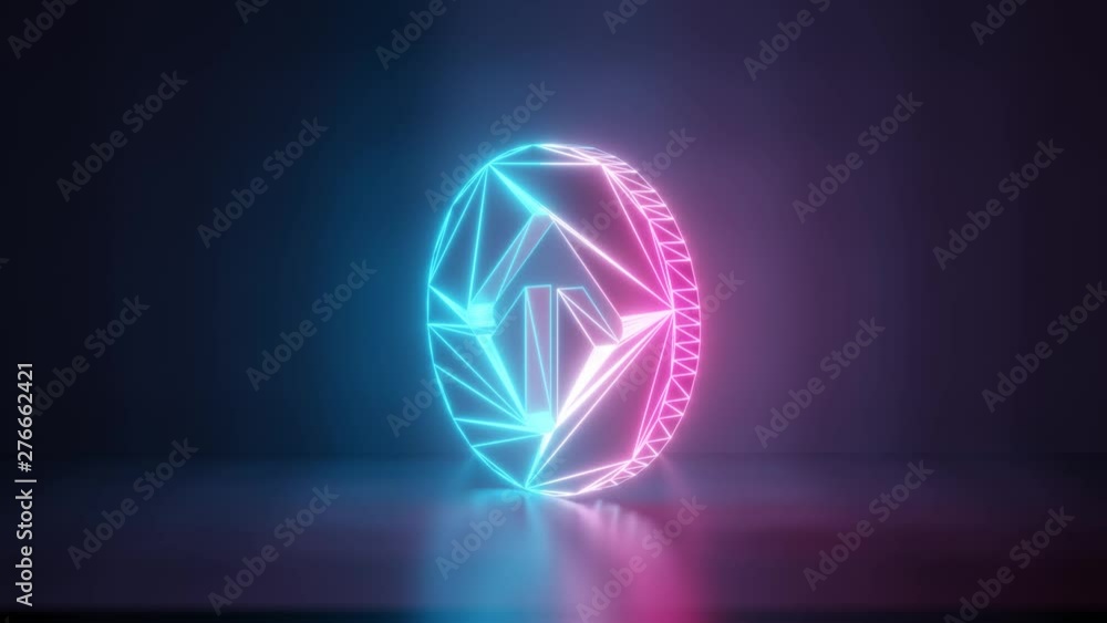 Poster 3d rendering glowing blue purple neon laser light with wireframe symbol of open down rounded arrow i