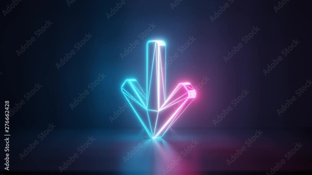 Poster 3d rendering glowing blue purple neon laser light with wireframe symbol of arrow down in empty space
