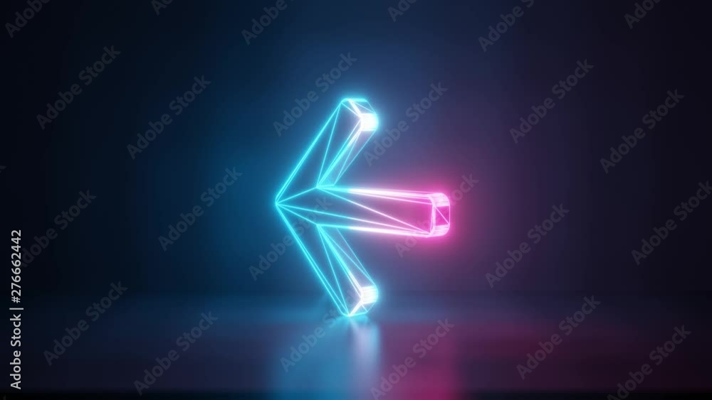 Poster 3d rendering glowing blue purple neon laser light with wireframe symbol of arrow left in empty space