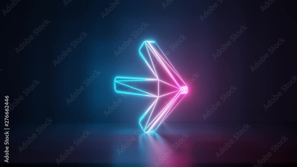Poster 3d rendering glowing blue purple neon laser light with wireframe symbol of arrow right in empty spac