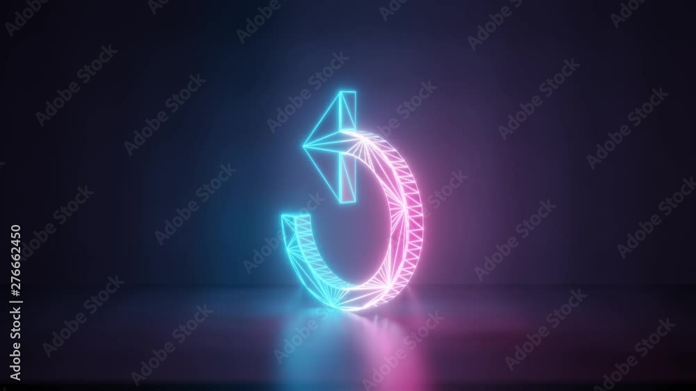 Poster 3d rendering glowing blue purple neon laser light with wireframe counterclockwise symbol of refresh 