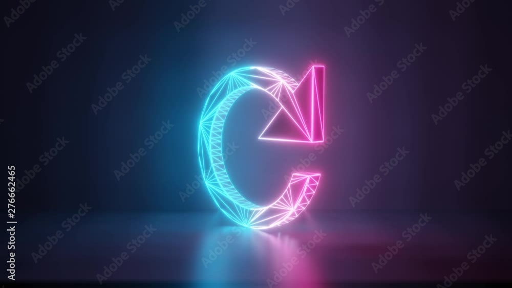 Poster 3d rendering glowing blue purple neon laser light with wireframe clockwise symbol of refresh arrow i