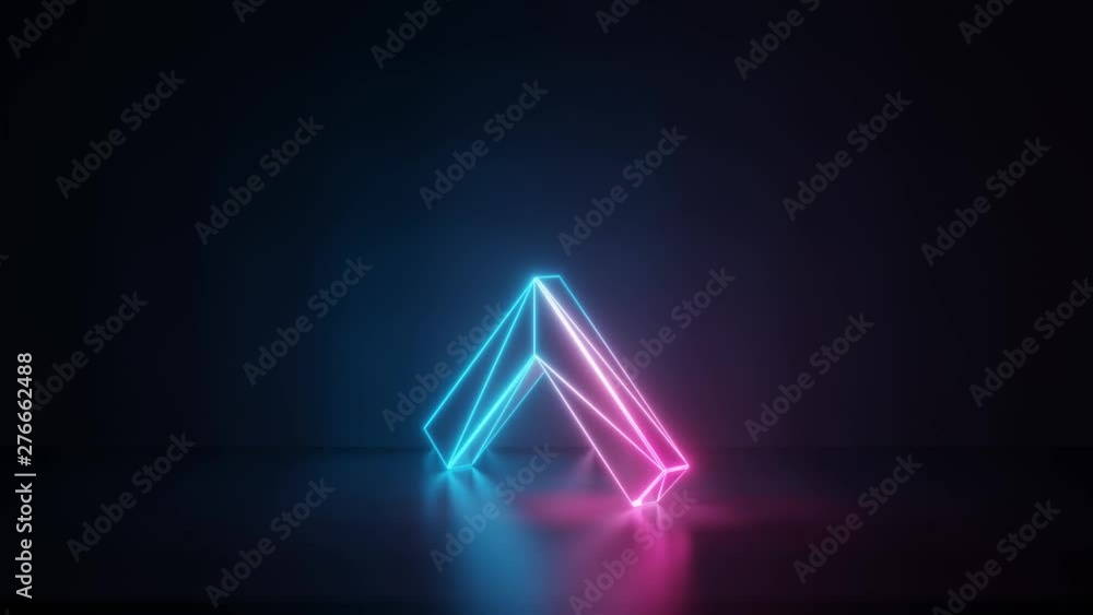 Poster 3d rendering glowing blue purple neon laser light with wireframe symbol of simple open up arrow in e