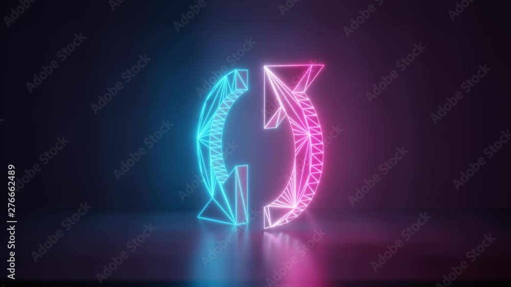 Poster 3d rendering glowing blue purple neon laser light with wireframe clockwise symbol of double refresh 