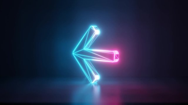 3d rendering glowing blue purple neon laser light with wireframe symbol of arrow left in empty space corner seamless fade animation