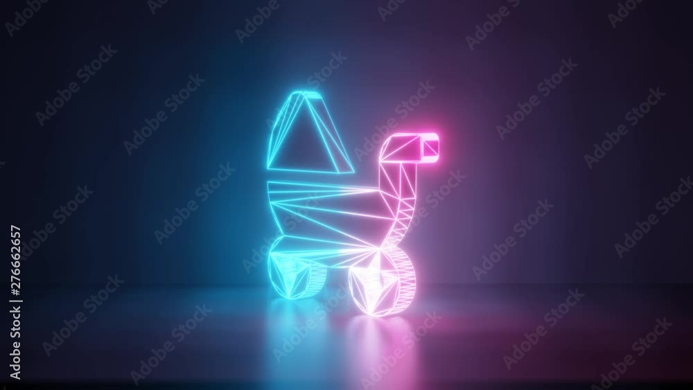 Poster 3d rendering glowing blue purple neon laser light with wireframe symbol of baby carriage with two wh