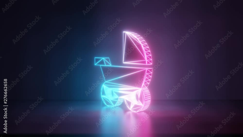 Poster 3d rendering glowing blue purple neon laser light with wireframe symbol of baby stroller towards rig