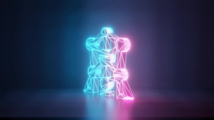 3d rendering glowing blue purple neon laser light with wireframe symbol of atomium landmark building in empty space corner seamless fade animation