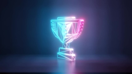 3d rendering glowing blue purple neon laser light with wireframe symbol of award cup with dollar sign in empty space corner seamless fade animation