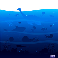 Deep blue sea life. Ancient ocean with dinosaurs.