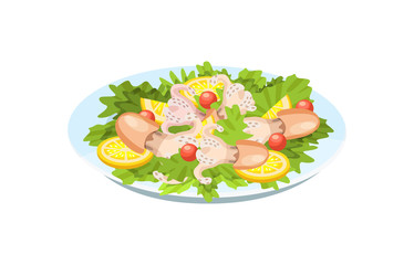 Tender meat of squid, octopus, with greens, vegetables, lemon.