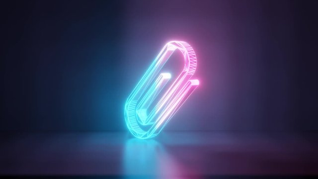 3d rendering glowing blue purple neon laser light with wireframe symbol of paper clip as attachment  in empty space corner seamless fade animation