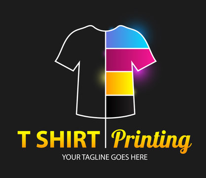 Abstract modern colored vector logo template of t-shirt printing. For typography, print, corporate identity, workshop, branding, factory, serigraphy, isolated on black background.