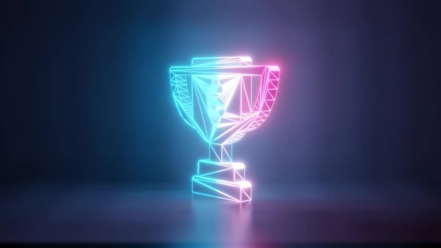 3d rendering glowing blue purple neon laser light with wireframe symbol of award cup with dollar sign in empty space corner seamless fade animation