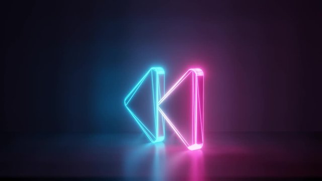 3d rendering glowing blue purple neon laser light with wireframe symbol of double fast backward left triangle rounded arrows in empty space corner seamless fade animation