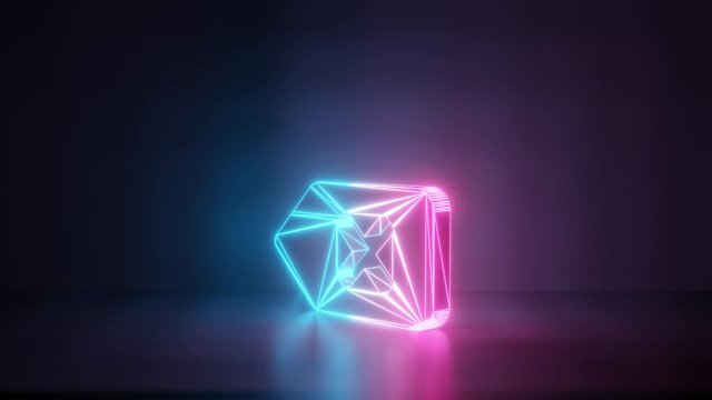 3d rendering glowing blue purple neon laser light with wireframe symbol of backspace button with cross in empty space corner seamless fade animation