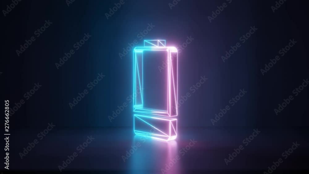 Poster 3d rendering glowing blue purple neon laser light with wireframe vertical symbol of one third charge