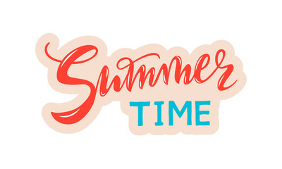 vector handwritten lettering Summer time with texture. Red coral and cyan inscriptions with beige contour isolated on white background for banner, sticker, label, card, clothes.