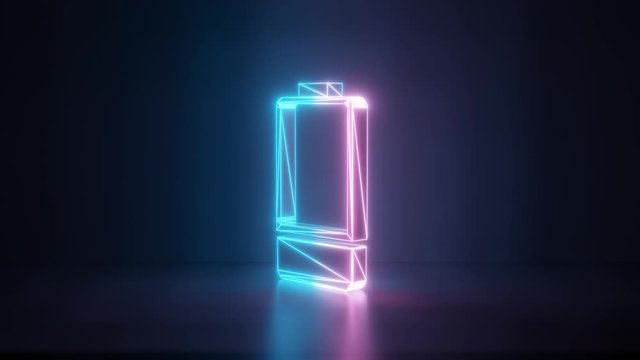 3d rendering glowing blue purple neon laser light with wireframe vertical symbol of one third charged battery  in empty space corner seamless fade animation