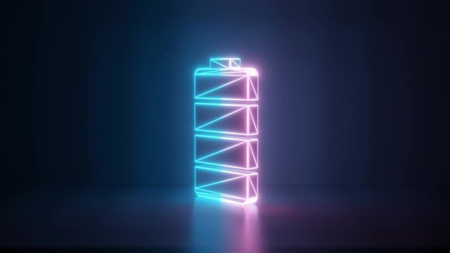 3d rendering glowing blue purple neon laser light with wireframe vertical symbol of full charged four pieces battery  in empty space corner seamless fade animation