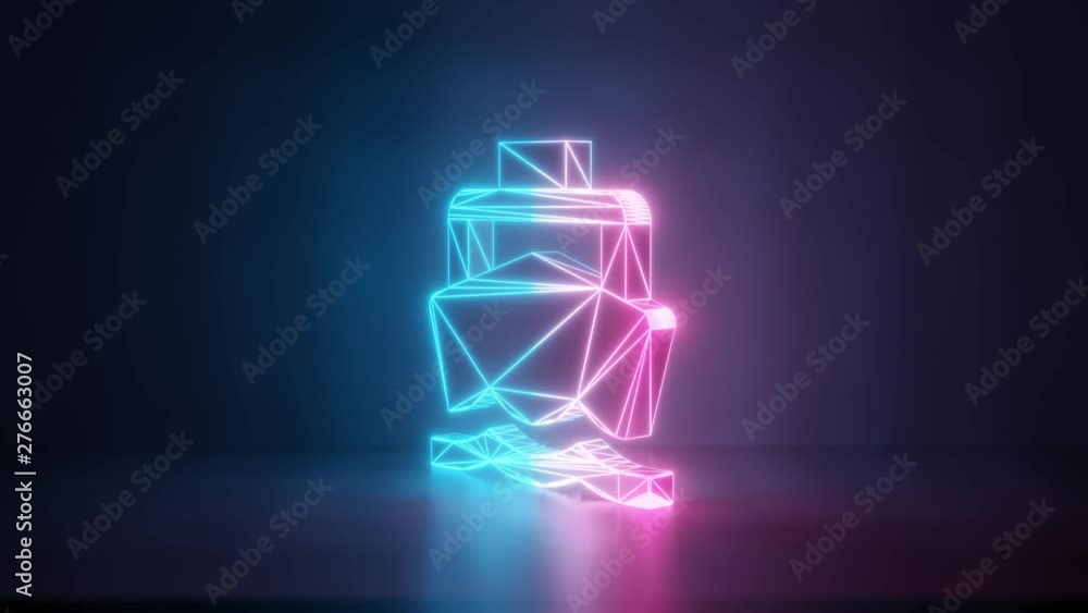 Poster 3d rendering glowing blue purple neon laser light with wireframe symbol of front view of boat in emp