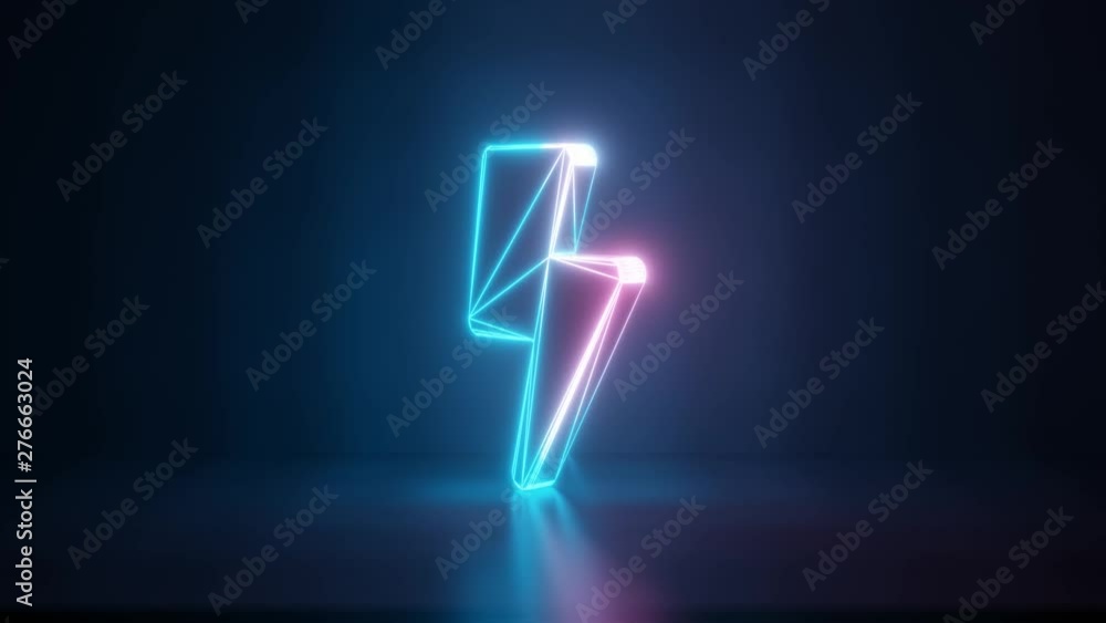 Poster 3d rendering glowing blue purple neon laser light with wireframe symbol of bolt of lightning in empt