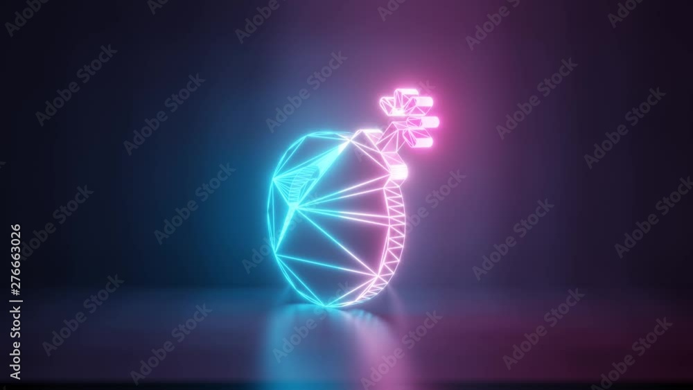 Poster 3d rendering glowing blue purple neon laser light with wireframe symbol of bomb with spark in empty 