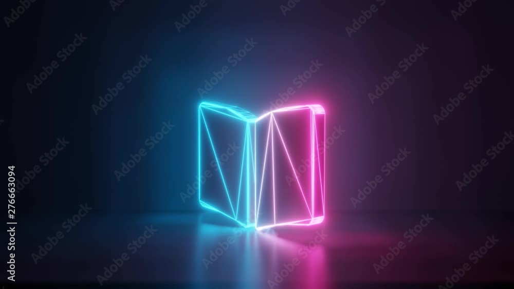 Poster 3d rendering glowing blue purple neon laser light with wireframe symbol of book open in empty space 