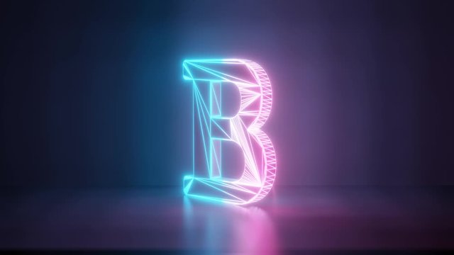 3d rendering glowing blue purple neon laser light with wireframe symbol of bold font in empty space corner seamless fade animation