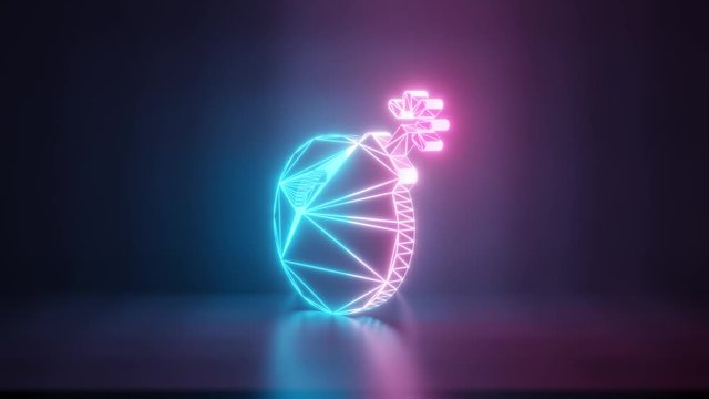 3d rendering glowing blue purple neon laser light with wireframe symbol of bomb with spark in empty space corner seamless fade animation